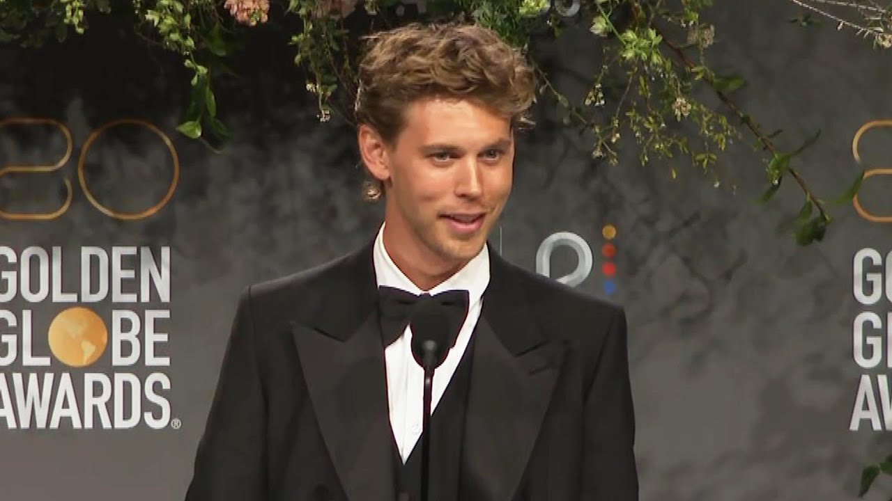 Austin Butler at the 2023 Golden Globes after winning Best Actor for Elvis