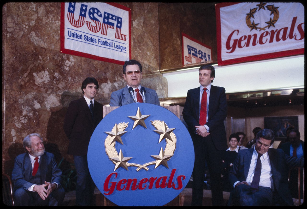 Donald Trump and quarterback Doug Flutie at a 1985 New Jersey Generals press conference in Trump Tower