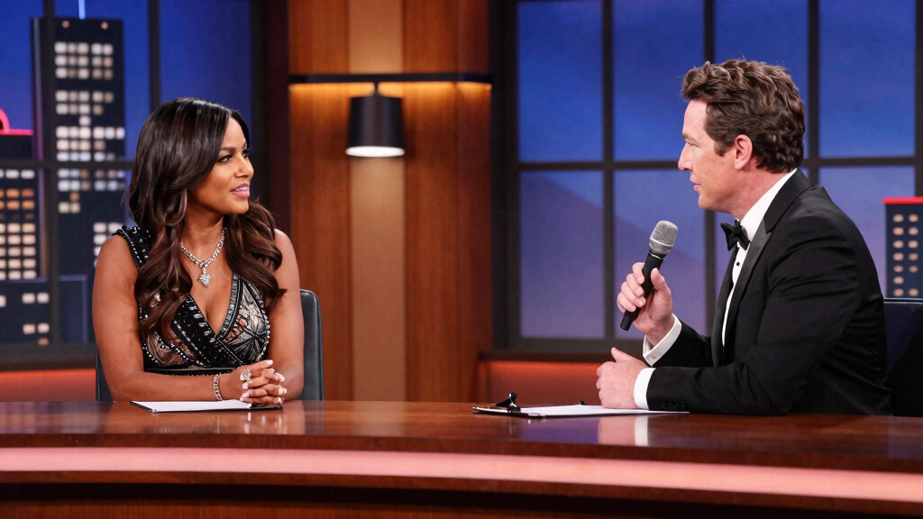 Jimmy Fallon conducting a celebrity interview on The Tonight Show