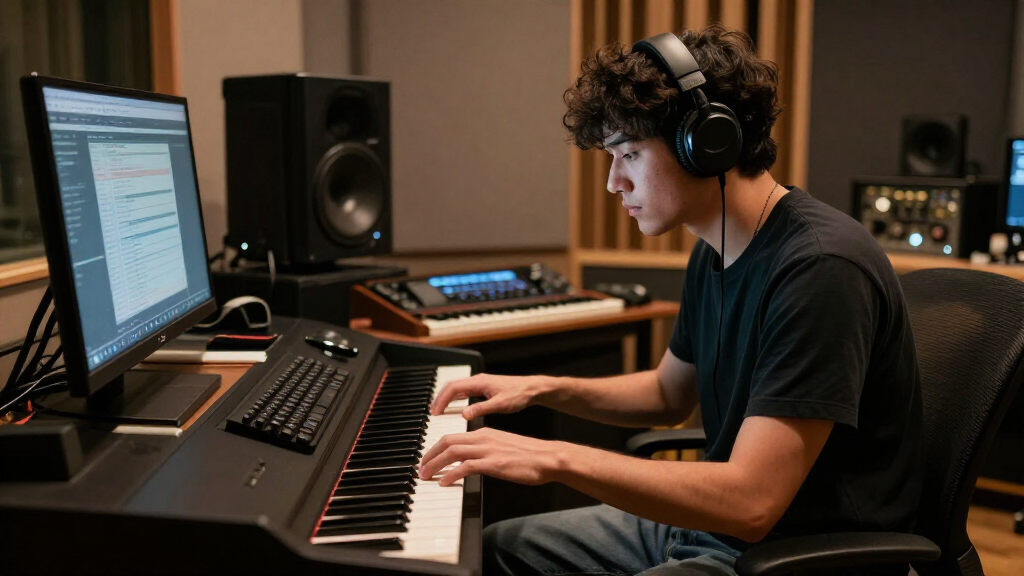Ben Platt in recording studio working on music
