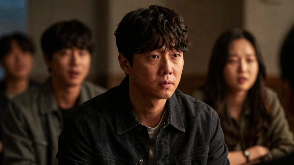 Actor in gritty dramatic Netflix drama scene, Korean-American character
