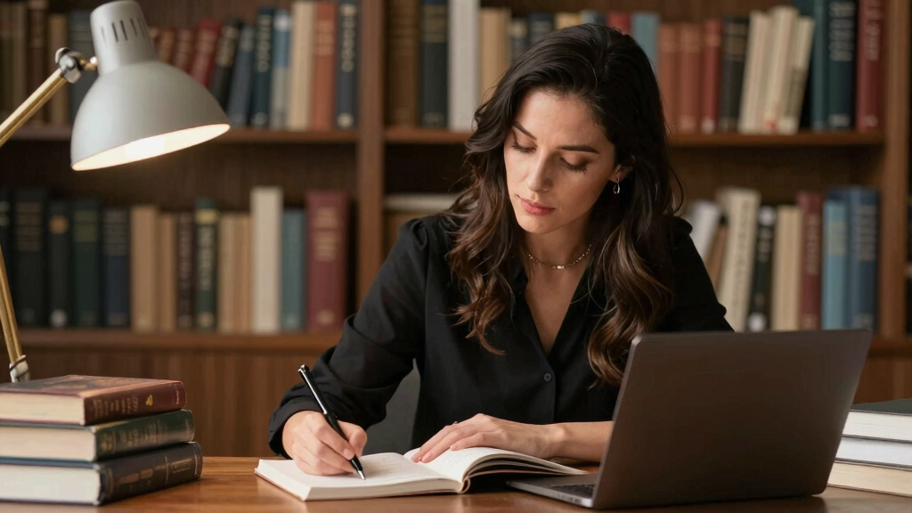 Female author writing at desk surrounded by books