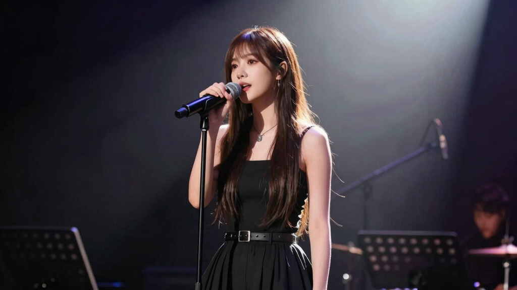 Actress performing music on stage under spotlight