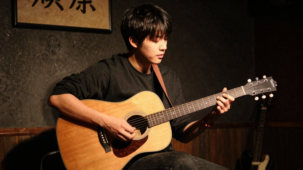 Young musician playing guitar at intimate venue, indie performance