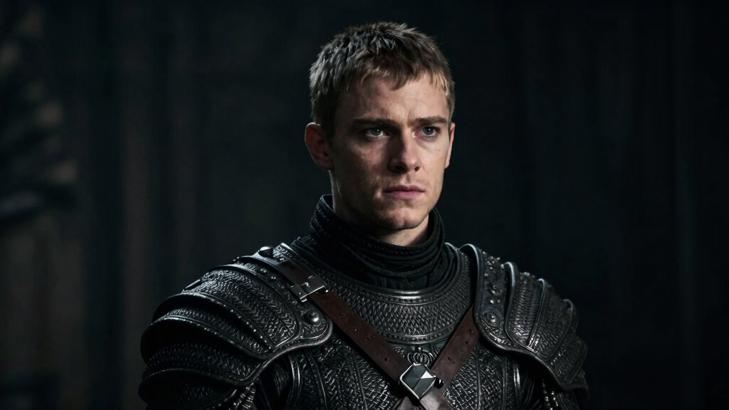 Solly McLeod in dramatic fantasy production reflecting his role as Ser Joffrey Lonmouth in House of the Dragon