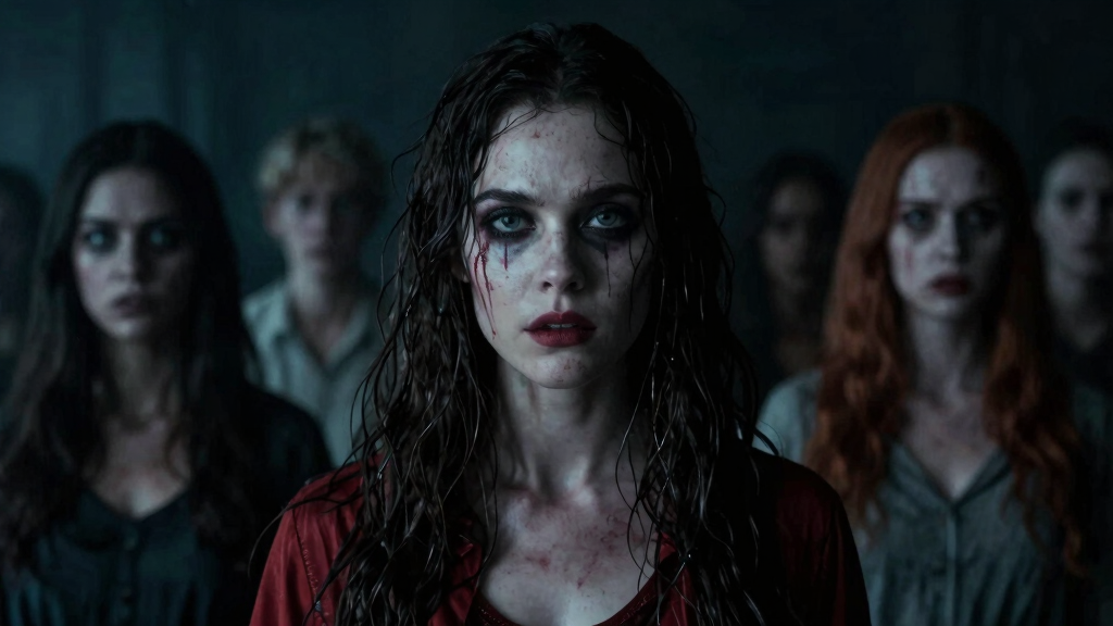 Actress in psychological horror film scene, modern horror aesthetic
