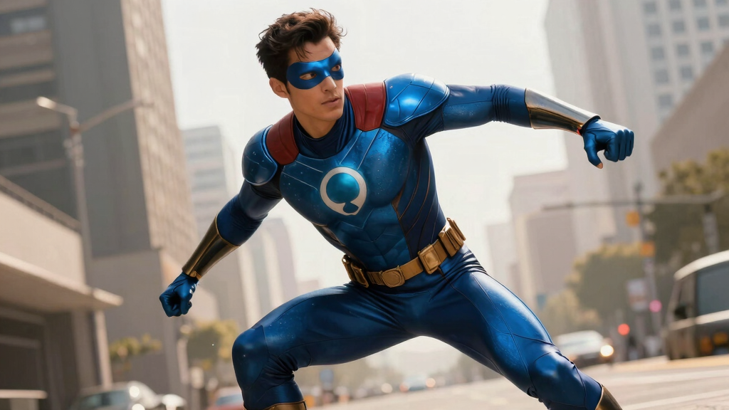 Latino superhero in Blue Beetle DC Comics action scene, dynamic pose