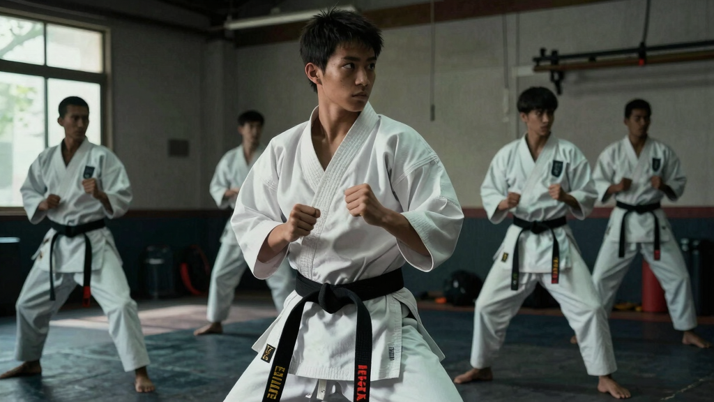 Young actor in Cobra Kai martial arts training scene, karate dojo