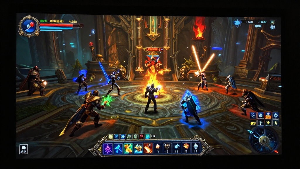World of Warcraft MMORPG gameplay with epic raid scene on screen