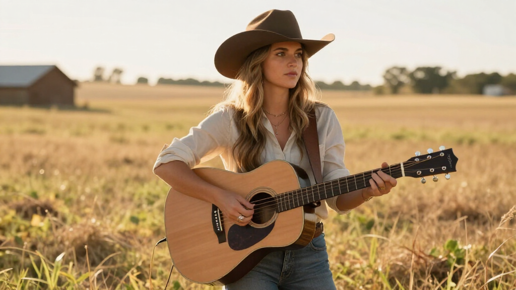 Bailey Zimmerman with acoustic guitar in outdoor rural setting