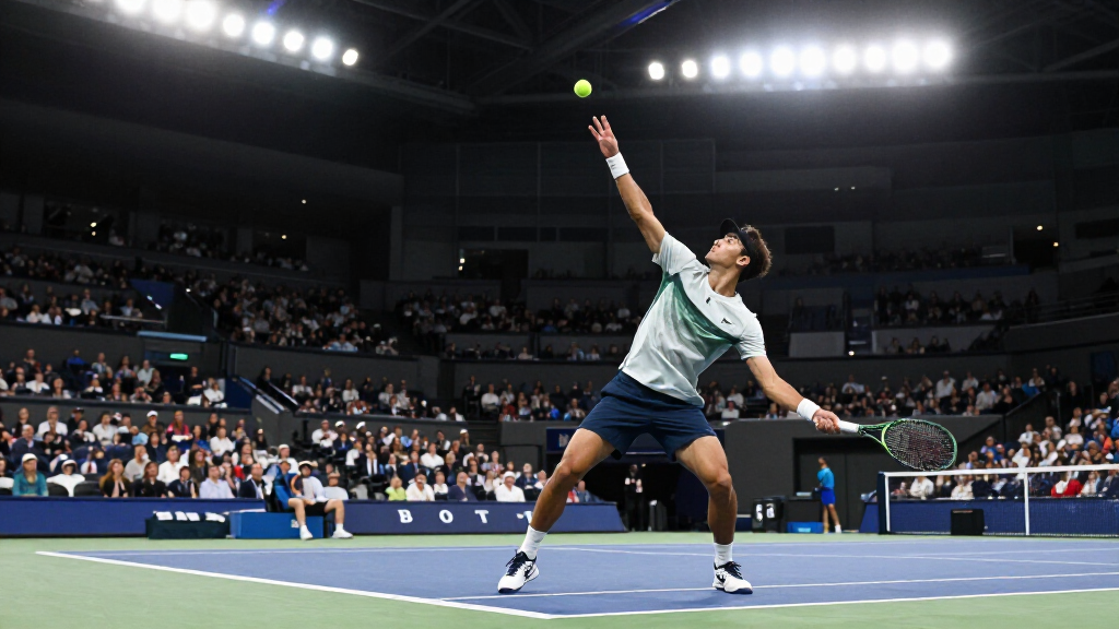 Ben Shelton powerful serve motion on ATP hardcourt