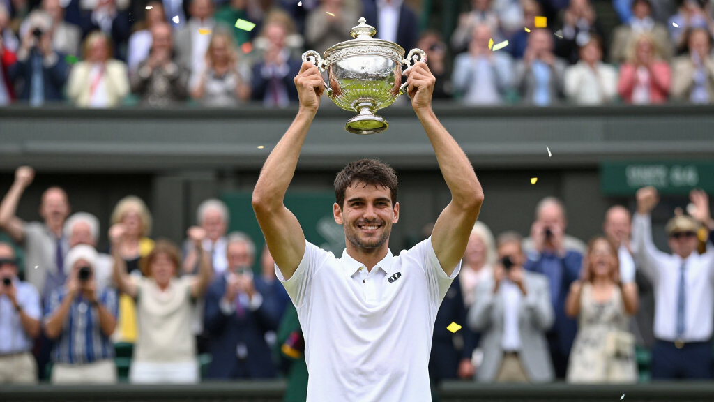 Carlos Alcaraz celebrating a Grand Slam victory with trophy