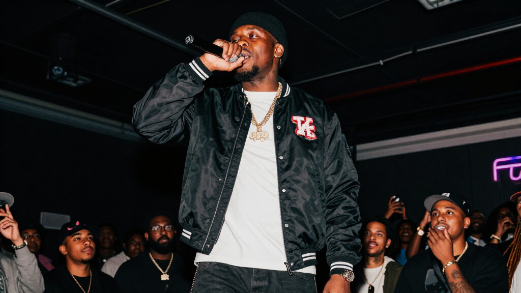 Fivio Foreign performing at a live hip-hop concert in Brooklyn