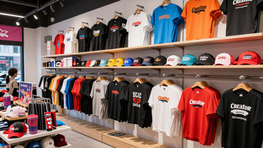 Creator merchandise wall with branded clothing and accessories