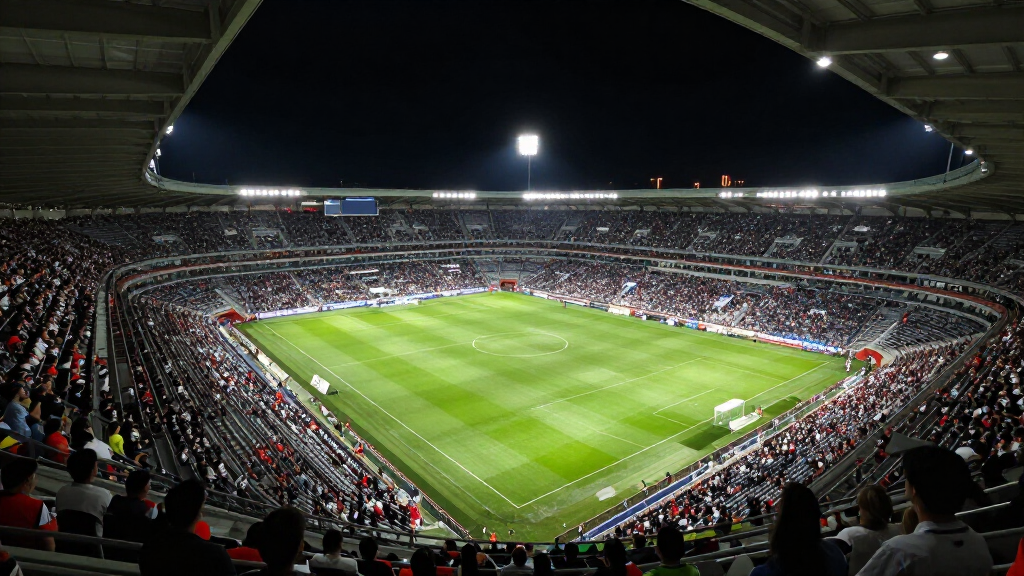 Packed soccer stadium at night with floodlights and roaring crowd