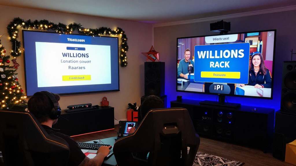 Charity livestream event setup with donation counter showing millions raised