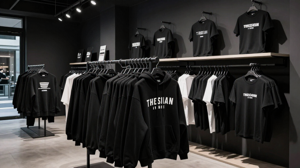 Dark minimalist streetwear brand clothing store with premium hoodies on display