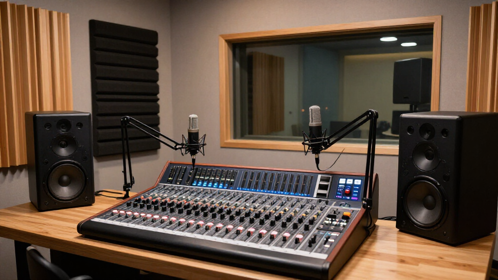 Professional podcast studio with microphone, soundproofing and mixing board setup