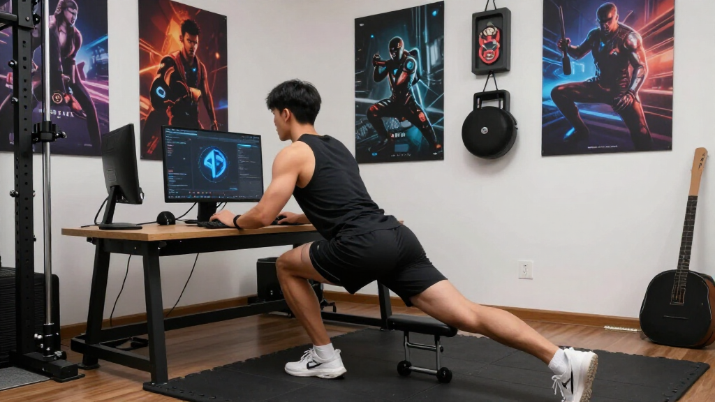 Fitness and gaming lifestyle photo with home gym and gaming setup