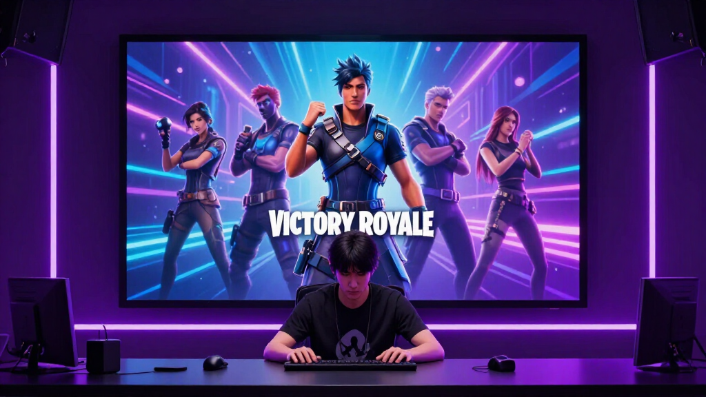 Fortnite Victory Royale celebration screen with streaming setup