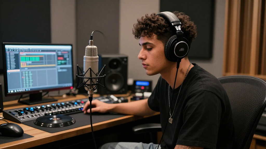 NLE Choppa in recording studio working on music