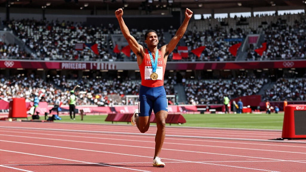 Noah Lyles celebrating Olympic victory on track