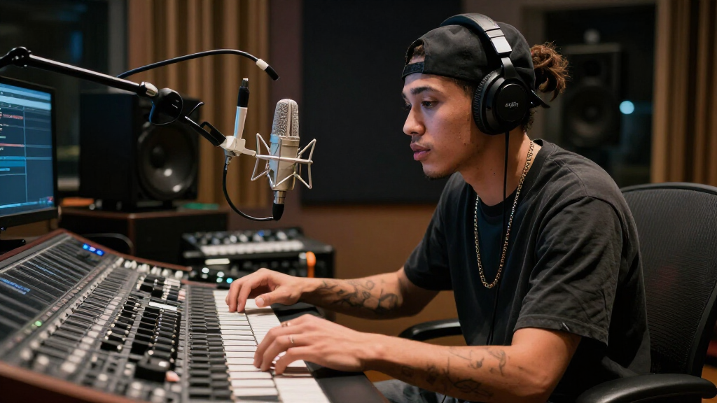 Rapper in recording studio working on music