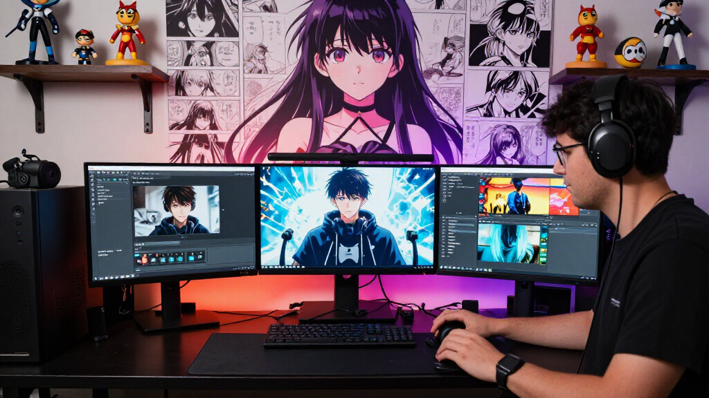 YouTube gaming creator setup with anime-themed backdrop and streaming equipment