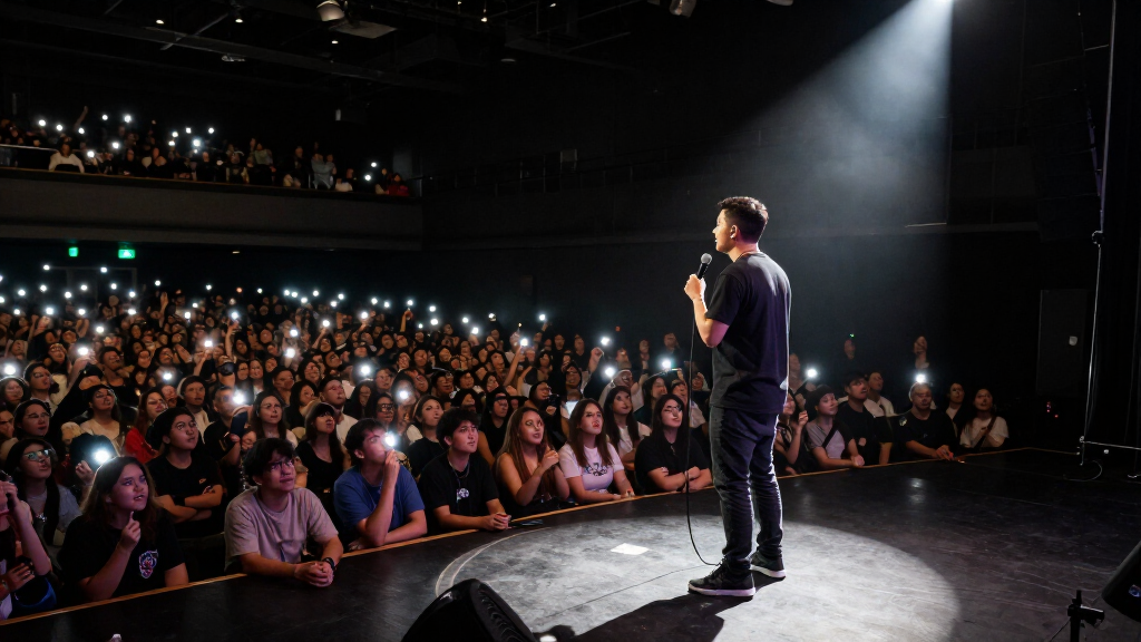 Comedian performing at a sold-out arena show