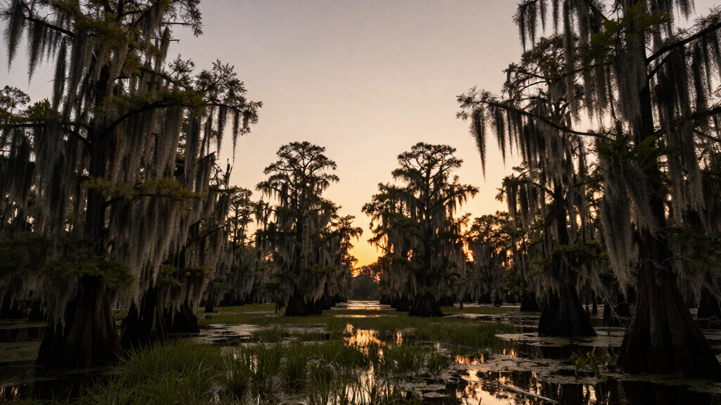 Louisiana bayou landscape at sunset