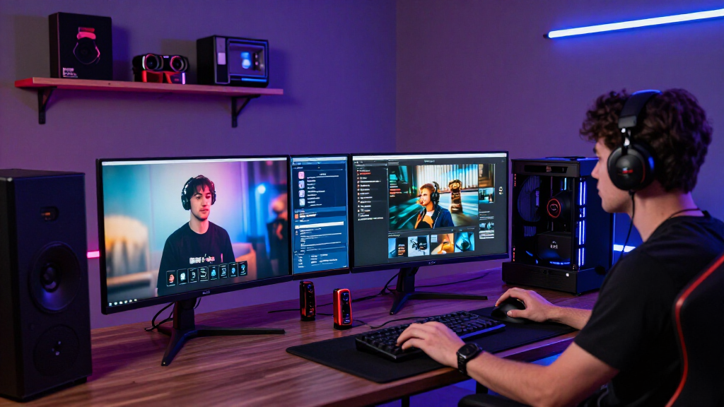 Gaming content creator setup with merchandise display and professional recording equipment