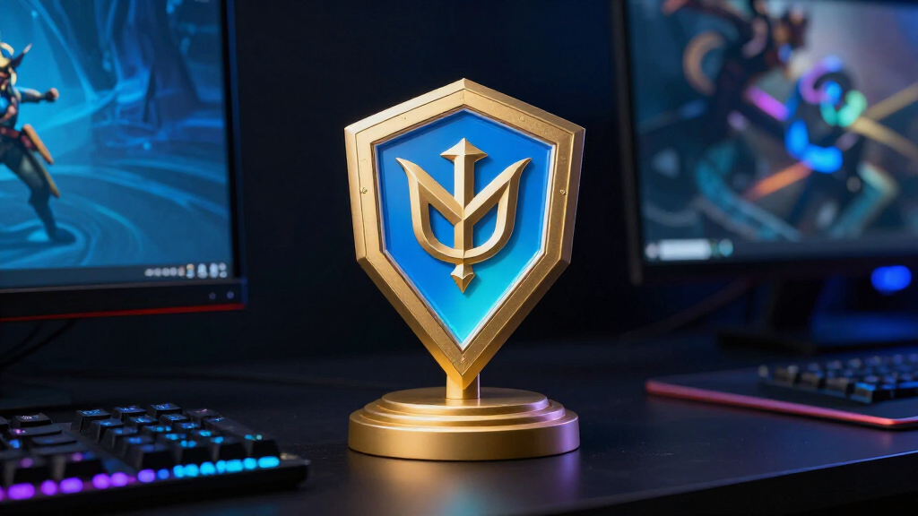 League of Legends Challenger rank badge with blue and gold gaming setup