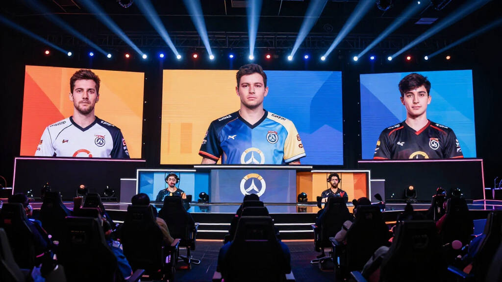Overwatch esports stage with competing teams at a tournament