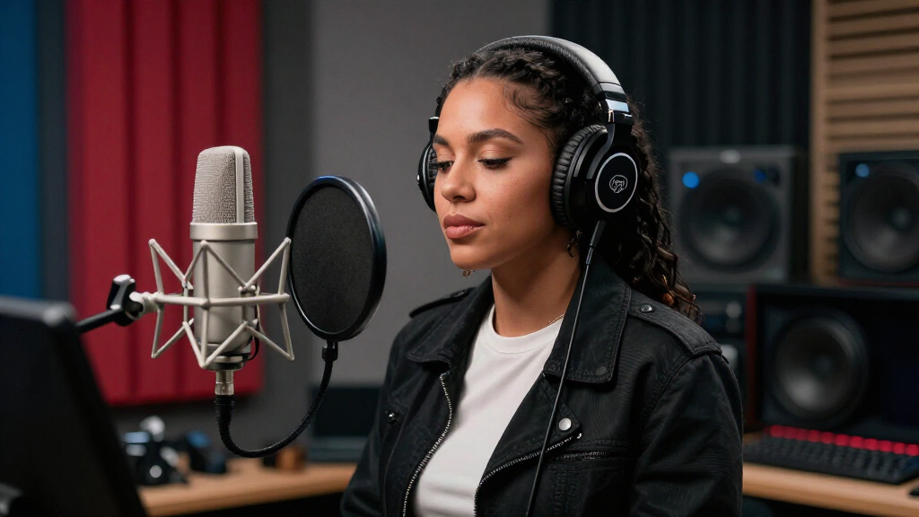 Young Miko in recording studio working on music