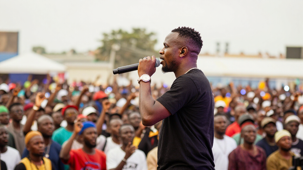 Asake performing to a massive crowd at an outdoor festival