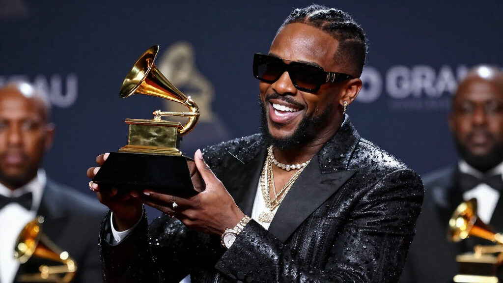 Burna Boy with Grammy Award celebrating his Best Global Music Album win for Twice As Tall