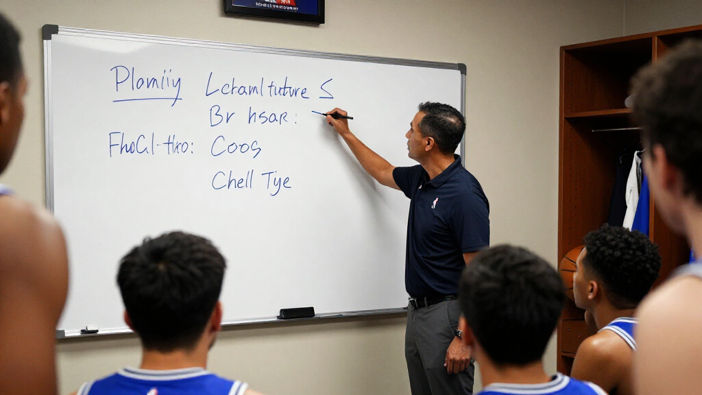 NBA basketball coach drawing plays on whiteboard team huddle