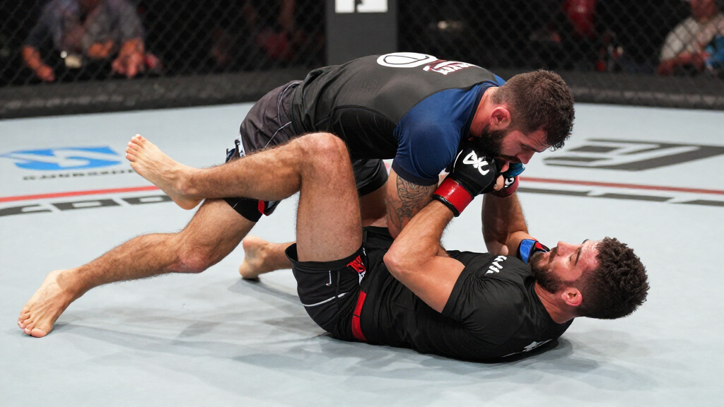 Islam Makhachev competing in the UFC octagon championship defense
