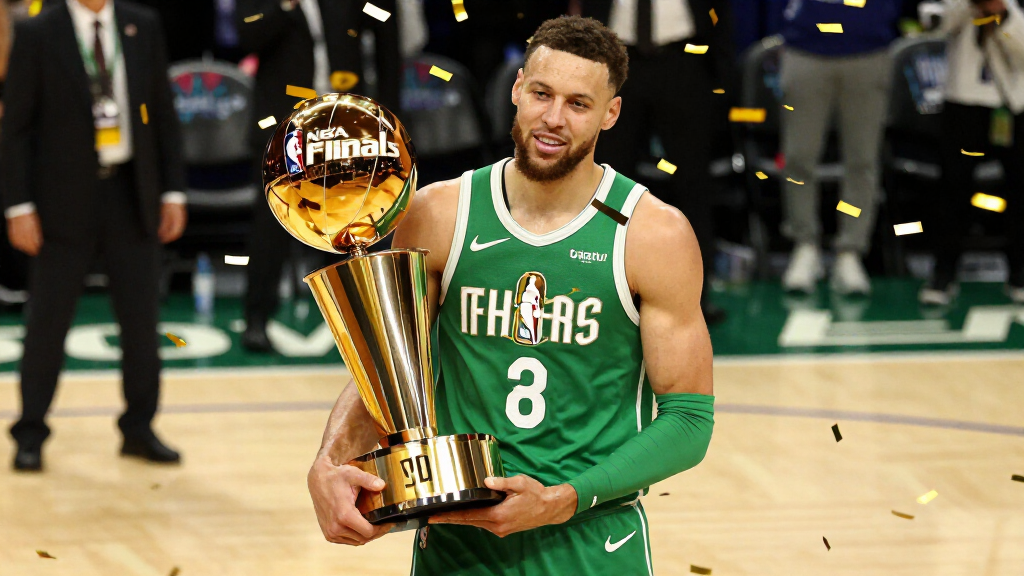 NBA player holding Finals MVP trophy with confetti