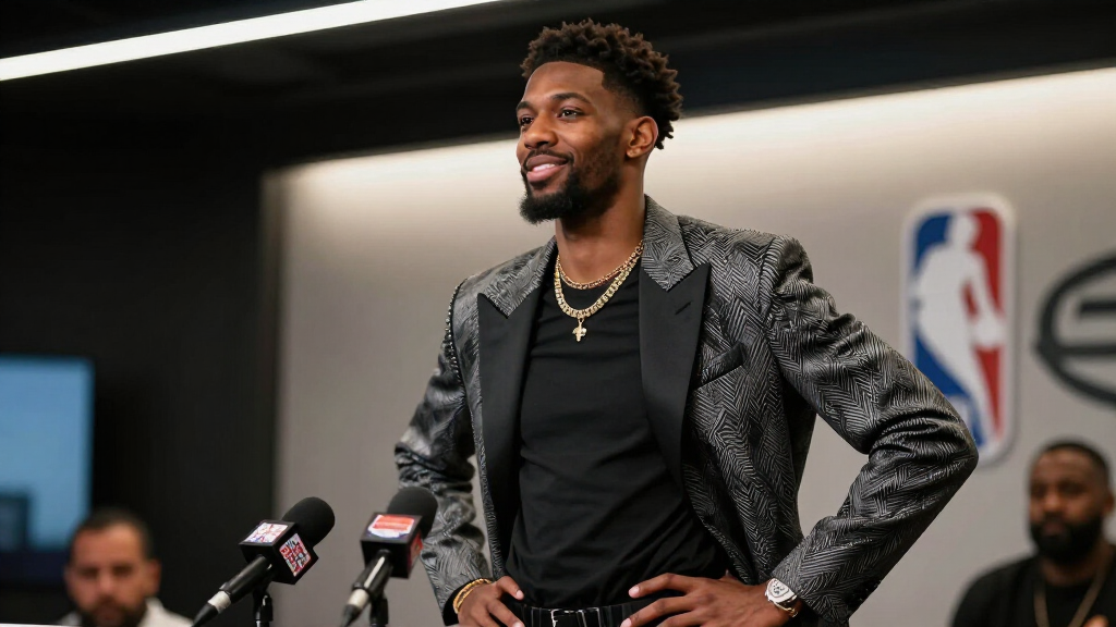 Jaylen Brown in stylish designer outfit at a press conference