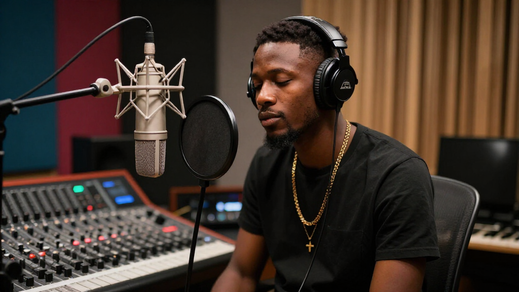 Olamide in a professional recording studio working on music