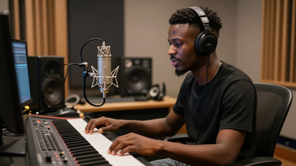 Rema working on music production in a professional studio