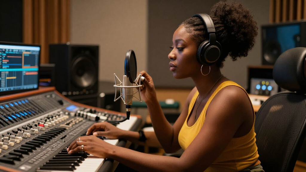 Tems recording music in a professional studio