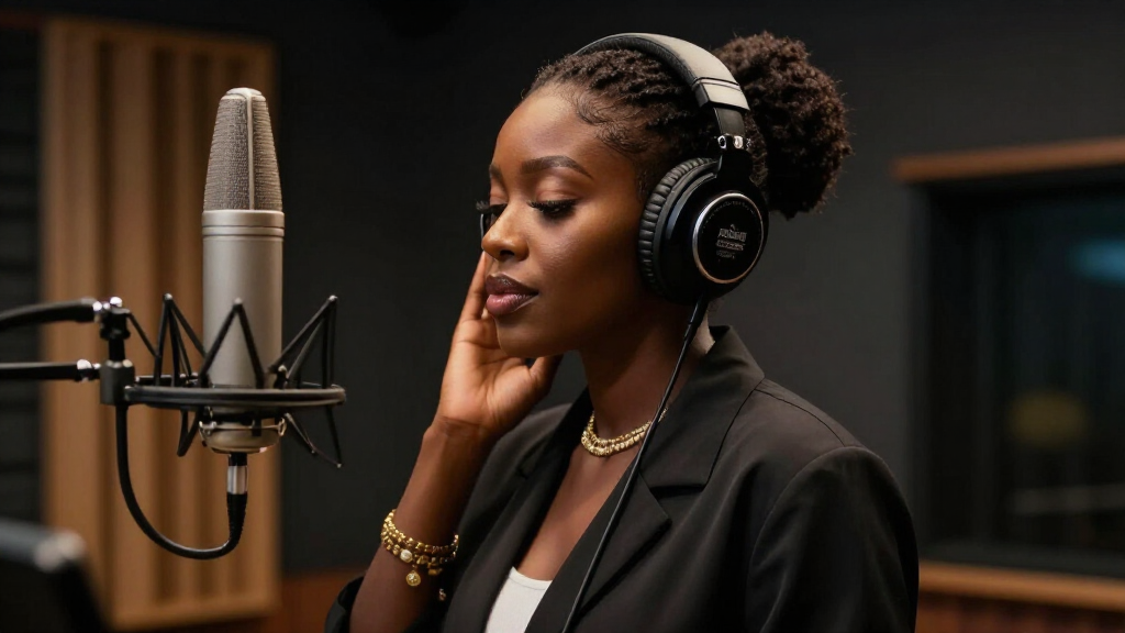 Tems recording music in her studio, headphones on