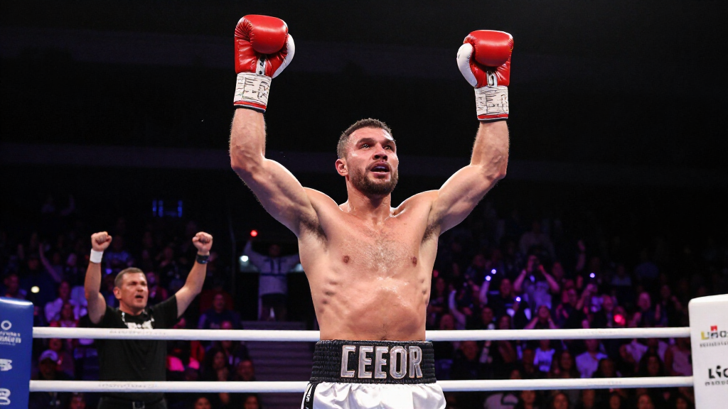 A boxer celebrating a victory in the ring with arms raised