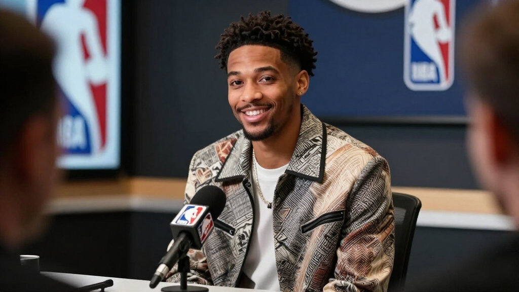 NBA point guard in press conference setting wearing designer outfit