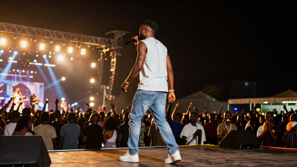 Wizkid performing live on a sold-out arena stage, showcasing his electrifying concert presence